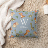 Coussin Cute Blue Boy Dinosaur Monogramme Nom Nursery (Couverture)