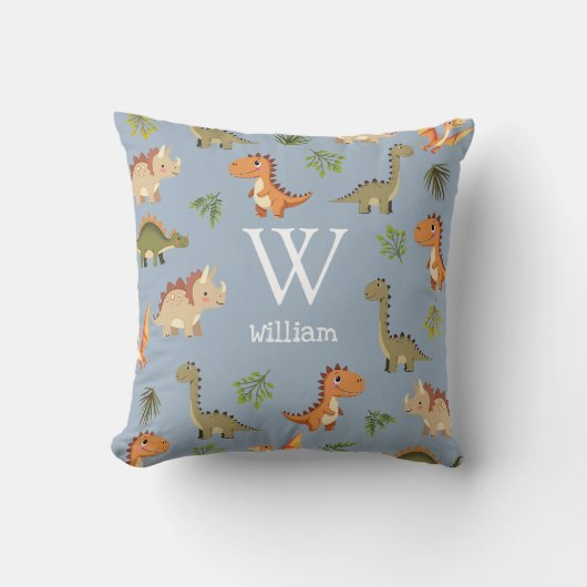 Coussin Cute Blue Boy Dinosaur Monogramme Nom Nursery (Recto)