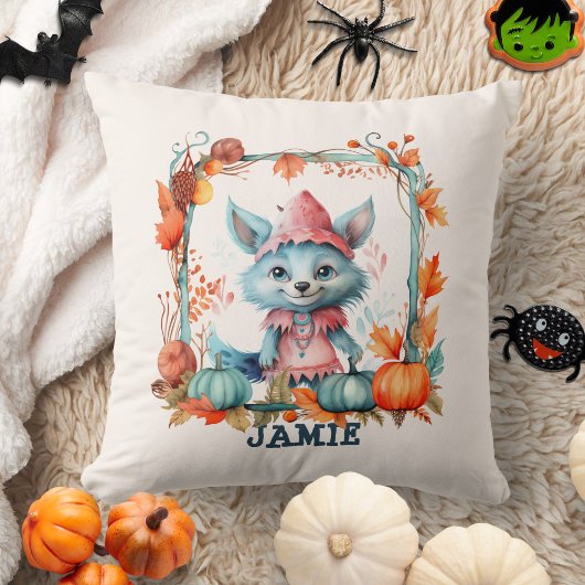 Coussin Cute Blue Fox Orange Citrouille Enfants Halloween