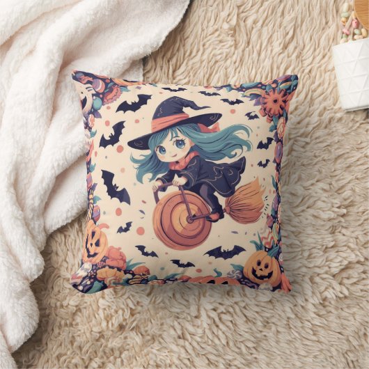 Coussin Cute Blue-Haired Witch Halloween Pillow (Couverture)