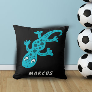 Coussin Cute Blue Lizard Gecko sur Black Name