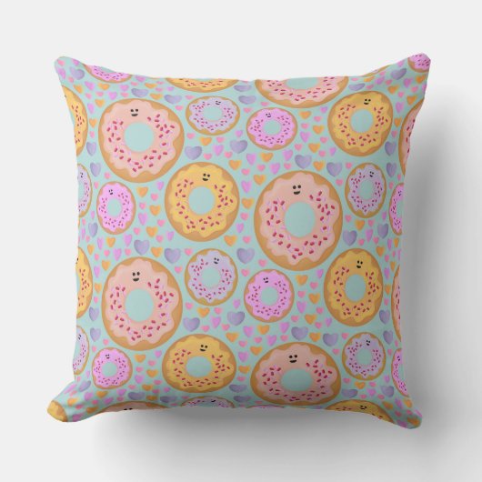 Coussin Cute Blue Pink Pastel Donuts & Hearts (Recto)
