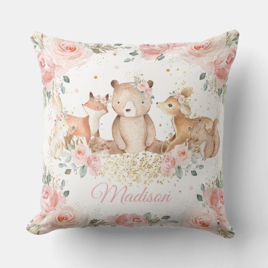 Coussin Cute Bois Animaux Blush Rose Floral Nursery  (Recto)