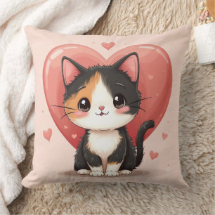 Coussin Cute Calico Cat Heart Kawaii Valentine's Art