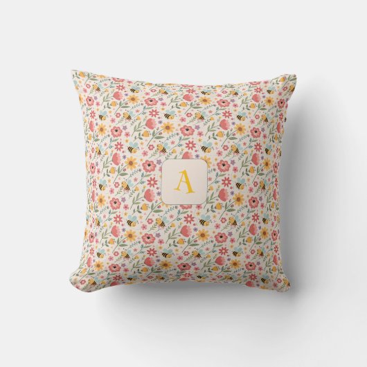 Coussin Cute cartoon bee flower blue pattern monogram (Recto)