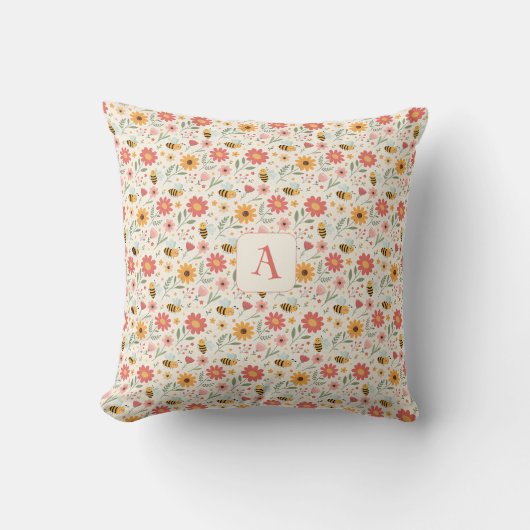 Coussin Cute cartoon bee flower green pattern monogram (Recto)