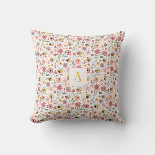 Coussin Cute cartoon bee flower pink pattern monogram (Recto)
