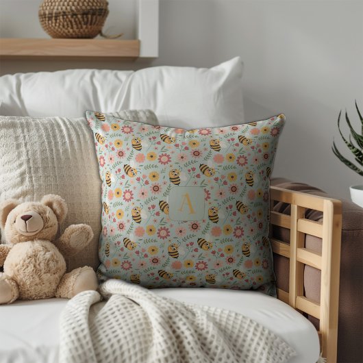 Coussin Cute cartoon bee flower yellow pattern monogram