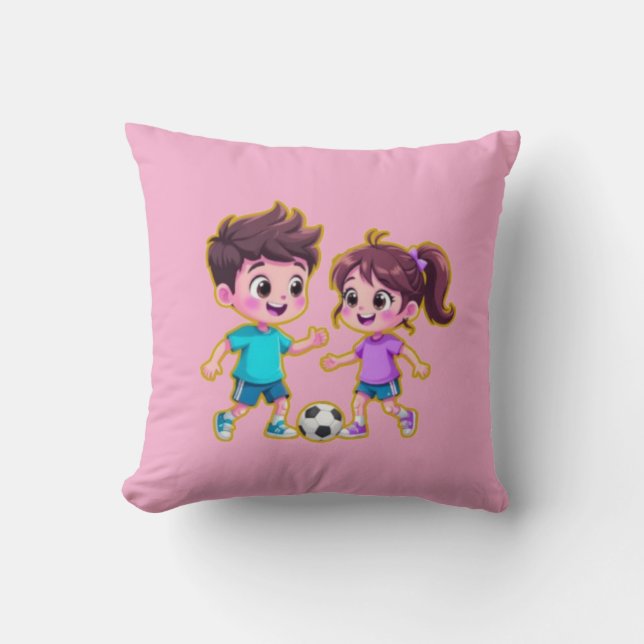 Coussin Cute Cartoon Boy and Girl Playing Soccer Together  (Recto)