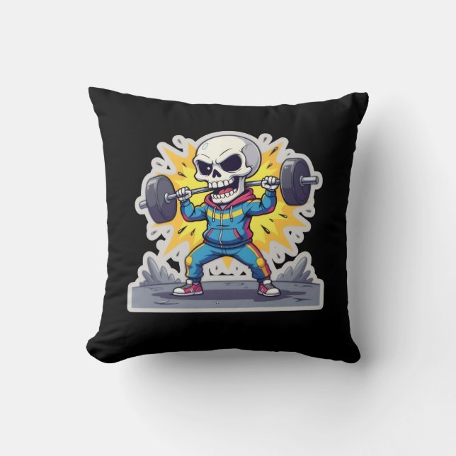 Coussin “Cute Cartoon Skeleton Weightlifter • Funny Gym Ba (Recto)