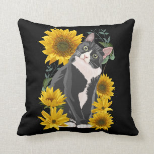 Coussin Cute Cat and Sunflower Jardin Feline Amour