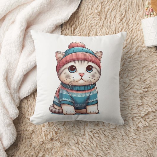 Coussin Cute Chat en pull et beanie (Couverture)