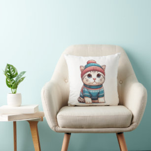 Coussin Cute Chat en pull et beanie
