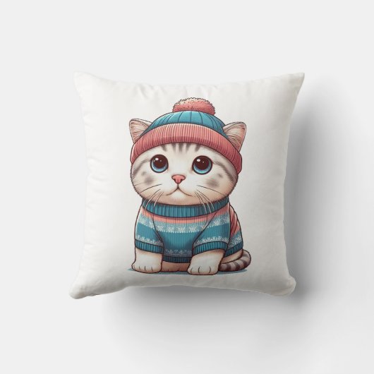 Coussin Cute Chat en pull et beanie (Verso)