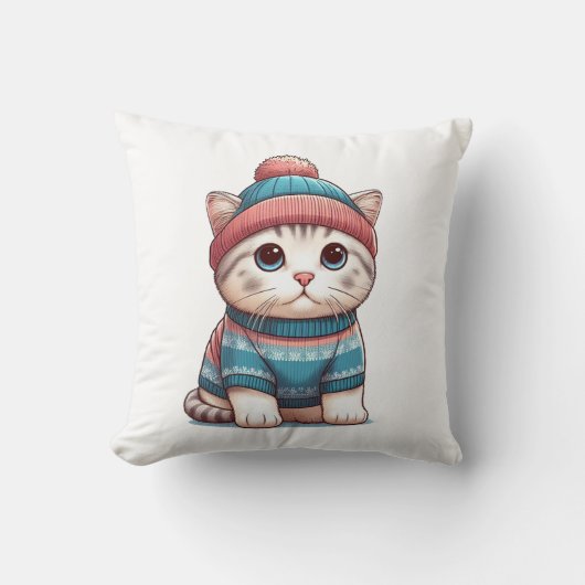 Coussin Cute Chat en pull et beanie (Recto)