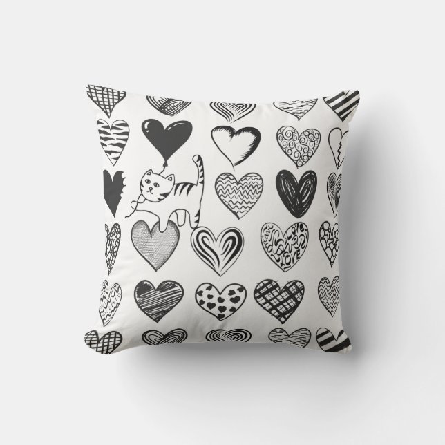 Coussin Cute Chat et Coeur Motif noir et blanc (Recto)