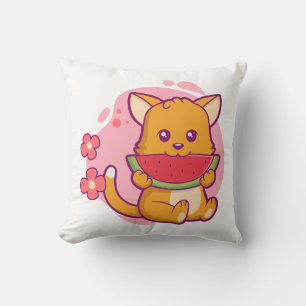 Coussin Cute Chat Manger Watermelon Kawaii