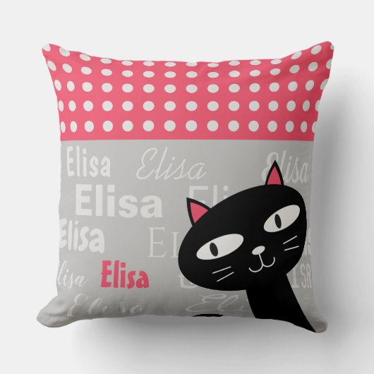 Coussin Cute Chat Noir Pois Rose Ajouter Votre Nom (Recto)
