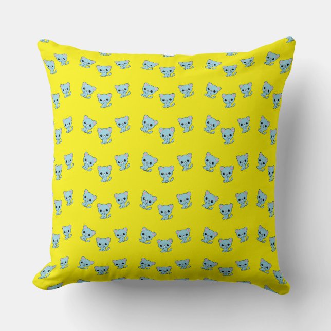 Coussin Cute chaton bleu bondissant sur jaune (Recto)