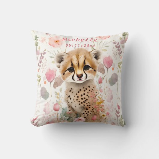 Coussin Cute Cheetah Cub Pastel Aquarelle Fleurs de printe (Recto)
