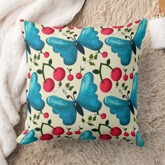 Coussin Cute Cherry Butterfly Pattern, Glossy Kawaii Fruit (Couverture)