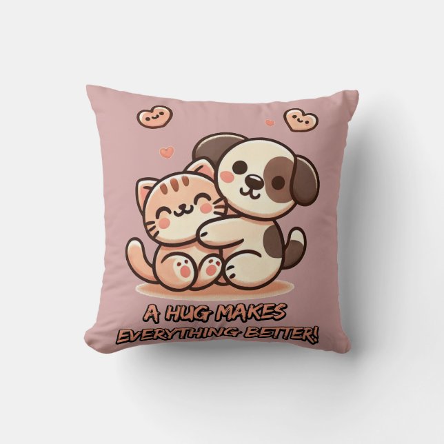 Coussin Cute Chiot & Kitten Hug - Adorable Design Kawaii (Recto)