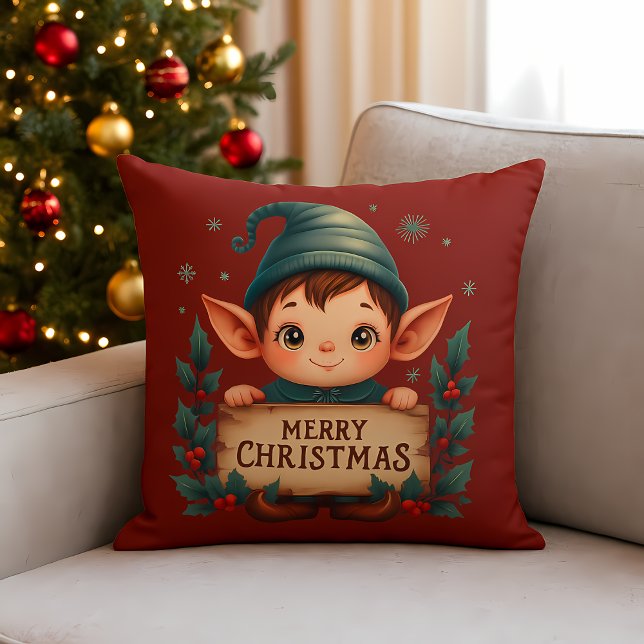 Coussin Cute Christmas Elf Holding Merry Sign Red (Cute Christmas Elf Holding Merry Sign Red Throw Pillow)