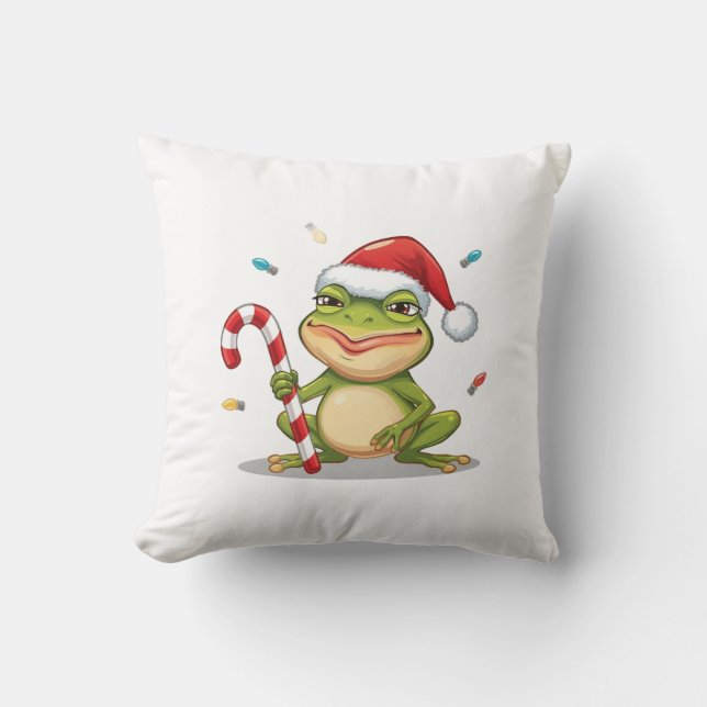Coussin Cute Christmas Frog With Candy Cane - Funny Holida (Recto)