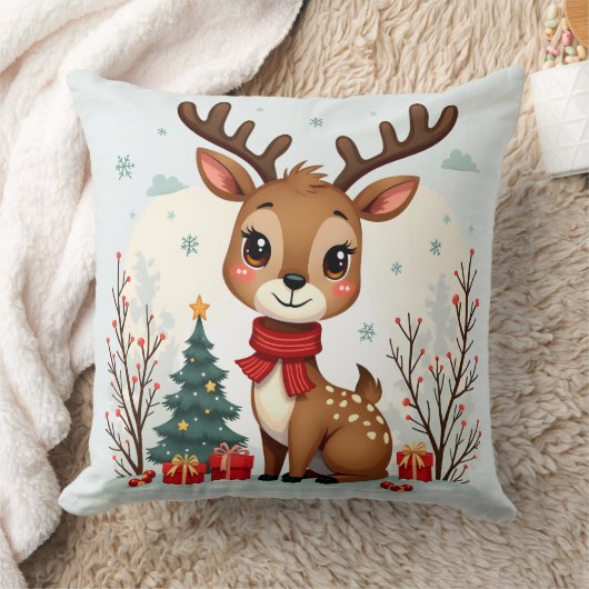 Coussin Cute Christmas Reindeer Scene Snowy Forest (Couverture)