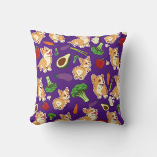 Coussin Cute Corgi and Vegetables Motif alimentaire violet