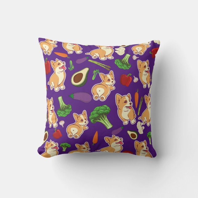 Coussin Cute Corgi and Vegetables Motif alimentaire violet (Recto)