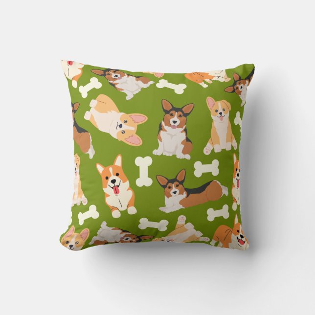 Coussin Cute Corgi Motif Vert (Recto)