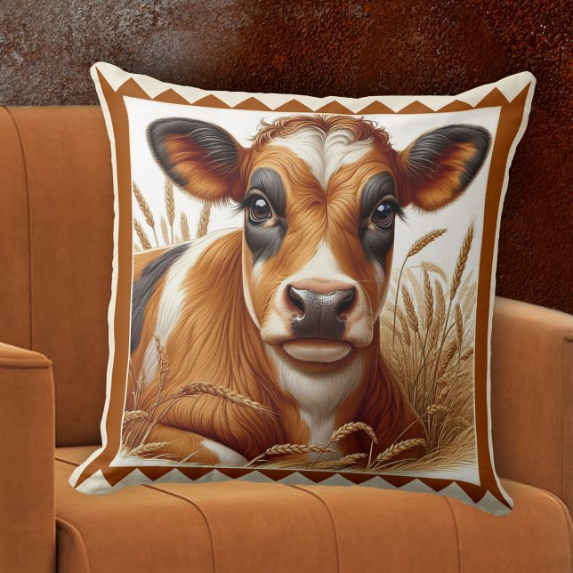 Coussin Cute Cow Farm Animal Art (Pillow featuring a painting of a cute cow lying in a field of wheat - farm animal - rustic - nature)