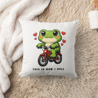 Coussin Cute Cycling Frog | Kawaii Frog Bicycle Art