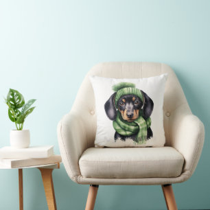 Coussin Cute Dachshund Chiot avec Casquette et Écharpe :