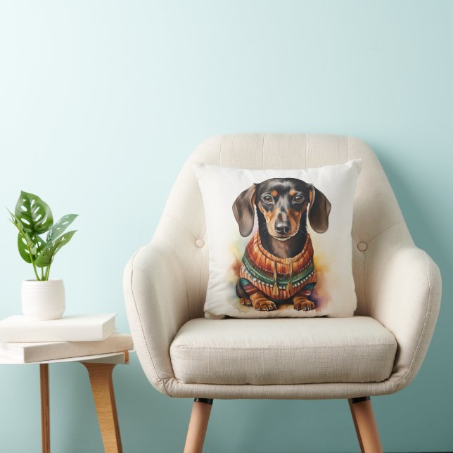 Coussin Cute Dachshund en Sweater : Aquarelle (Chaise)