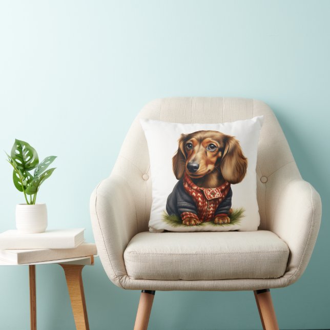 Coussin Cute Dachshund Red Long cheveux en pull : (Chaise)