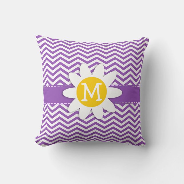 Coussin Cute Daisy sur Deep Lilac Chevron (Recto)