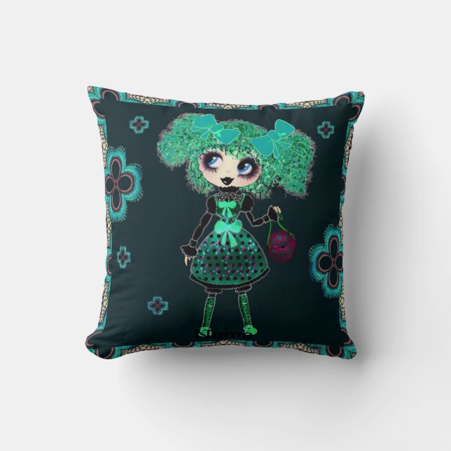 Coussin Cute Emerald Girl Kawaii PinkyP par LeahG (Recto)