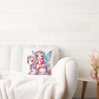 Coussin Cute Fairy Girl and Unicorn