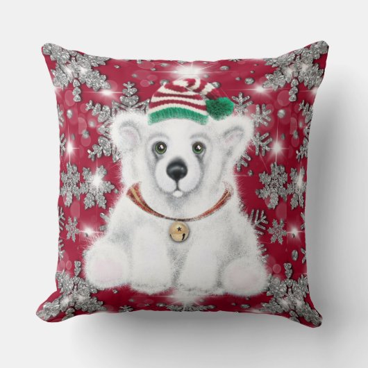 Coussin Cute festive holiday Polar bear glitter snowflakes (Recto)