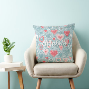 Coussin Cute Folk Floral Heart Dusty Blue Blush Pink Nom