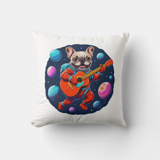 Coussin Cute French Bulldog Astronaut Playing Guitar – Fun (Recto)
