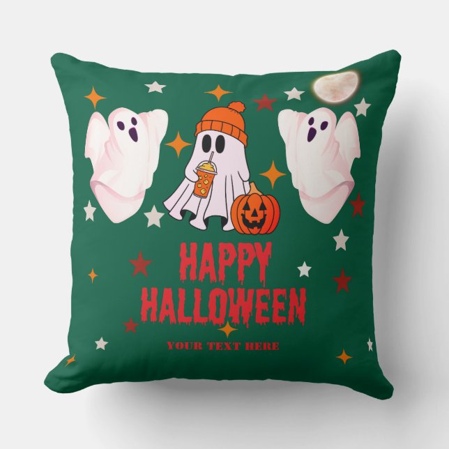 Coussin Cute Ghost & Pumpkin Custom Text Happy Halloween (Recto)