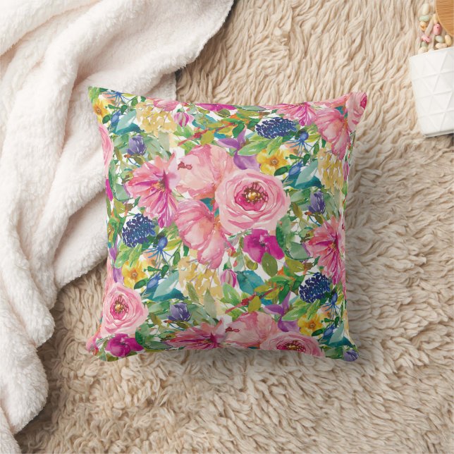 Coussin Cute Girl rose bleu bleu jaune Aquarelle Florale (Couverture)