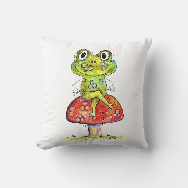 Coussin Cute Grenouille verte Whimsical sur Toadstool (Recto)