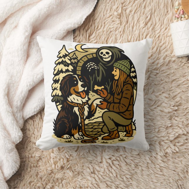 Coussin Cute Grim Reaper Girl and Dog Spooky Forest Night (Couverture)
