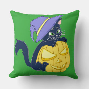 Coussin Cute Halloween Chat noir et Citrouille