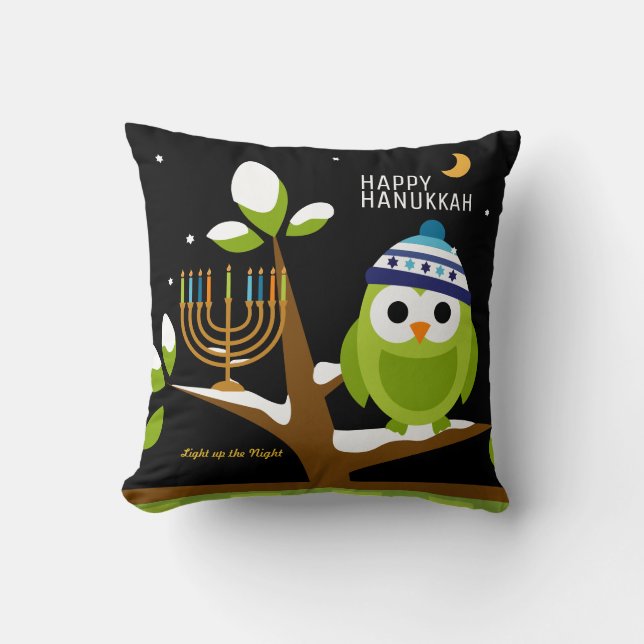 Coussin Cute Hanoukka Big Owl & Menorah Snowy Tree Nuit (Recto)
