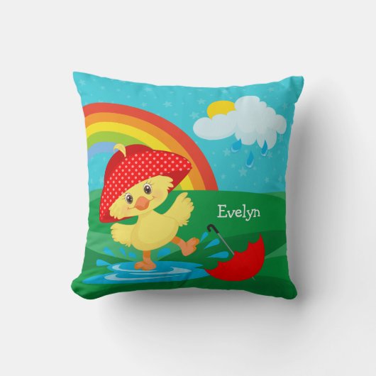 Coussin Cute Happy Duck en pluie avec arc-en-ciel (Recto)
